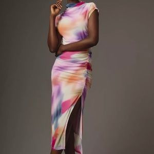 Anthropologie Ruched Cowl Neck Dress Mesh Addition